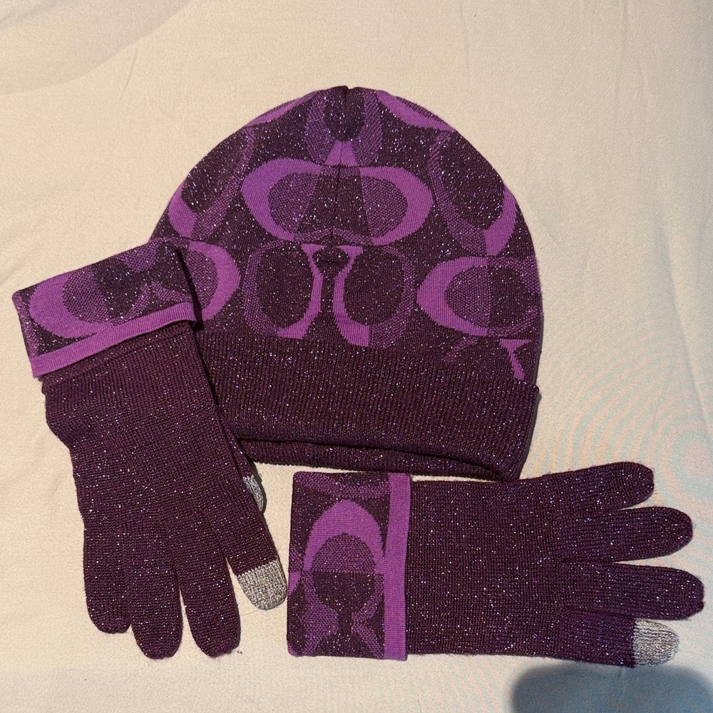 Coach Purple Gloves & Hat Set